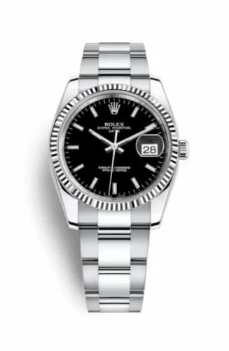 Rolex Oyster Perpetual Date 34 Stainless Steel Fluted / Oyster / Black 115234-0002 — фото часов Rolex Oyster Perpetual Date 34 Stainless Steel Fluted / Oyster / Black 115234-0002 — фото часов