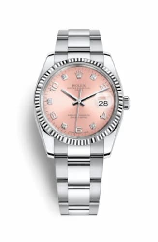 Rolex Oyster Perpetual Date 34 Stainless Steel Fluted / Oyster / Pink Arabic 115234-0009 — фото часов Rolex Oyster Perpetual Date 34 Stainless Steel Fluted / Oyster / Pink Arabic 115234-0009 — фото часов
