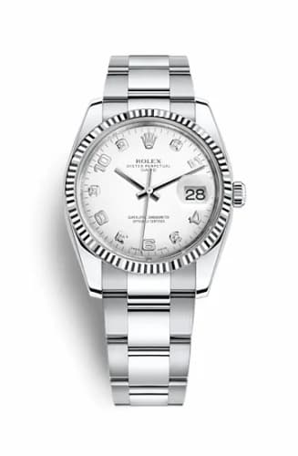 Rolex Oyster Perpetual Date 34 Stainless Steel Fluted / Oyster / White Arabic 115234-0010 — фото часов Rolex Oyster Perpetual Date 34 Stainless Steel Fluted / Oyster / White Arabic 115234-0010 — фото часов