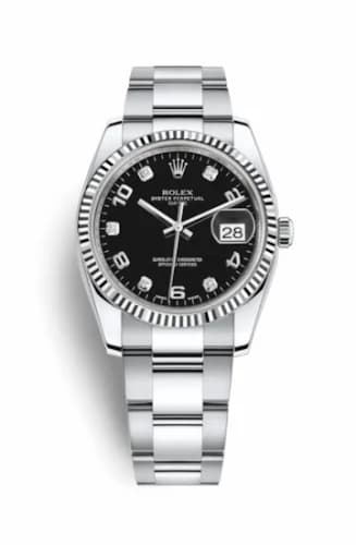 Rolex Oyster Perpetual Date 34 Stainless Steel Fluted / Oyster / Black Arabic 115234-0011 — фото часов Rolex Oyster Perpetual Date 34 Stainless Steel Fluted / Oyster / Black Arabic 115234-0011 — фото часов