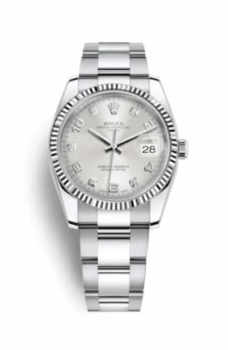 Rolex Oyster Perpetual Date 34 Stainless Steel Fluted / Oyster / Silver Arabic 115234-0012 — фото часов Rolex Oyster Perpetual Date 34 Stainless Steel Fluted / Oyster / Silver Arabic 115234-0012 — фото часов