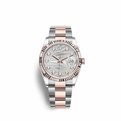 Rolex Datejust 36 Stainless Steel / Everose / Fluted / Silver - Palm - Diamond / Oyster 126231-0038 — фото часов Rolex Datejust 36 Stainless Steel / Everose / Fluted / Silver - Palm - Diamond / Oyster 126231-0038 — фото часов