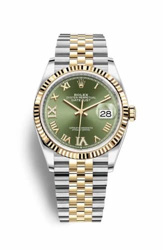Rolex Datejust 36 Stainless Steel / Yellow Gold / Fluted / Olive Green Roman Diamond / Jubilee 126233-0025 — фото часов Rolex Datejust 36 Stainless Steel / Yellow Gold / Fluted / Olive Green Roman Diamond / Jubilee 126233-0025 — фото часов