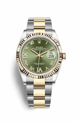 Rolex Datejust 36 Stainless Steel / Yellow Gold / Fluted / Olive Green Roman Diamond / Oyster 126233-0026 — фото часов Rolex Datejust 36 Stainless Steel / Yellow Gold / Fluted / Olive Green Roman Diamond / Oyster 126233-0026 — фото часов