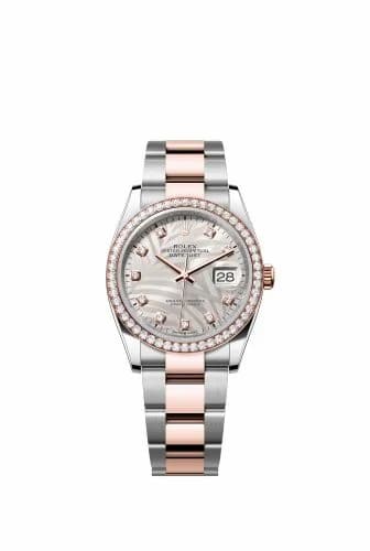 Rolex Datejust 36 Stainless Steel / Everose / Diamond / Silver - Palm - Diamond / Oyster 126281RBR-0026 — фото часов Rolex Datejust 36 Stainless Steel / Everose / Diamond / Silver - Palm - Diamond / Oyster 126281RBR-0026 — фото часов