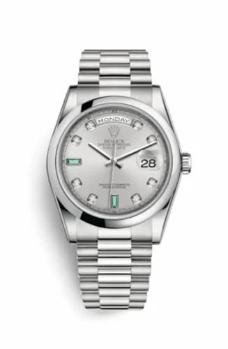 Rolex Day-Date 36 Platinum Domed / President / Silver Diamond Emerald 118206-0114