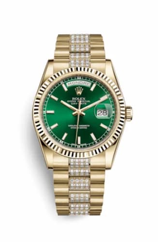 Rolex Day-Date 36 Yellow Gold Fluted / President Diamonds / Green 118238-0435 — фото часов Rolex Day-Date 36 Yellow Gold Fluted / President Diamonds / Green 118238-0435 — фото часов
