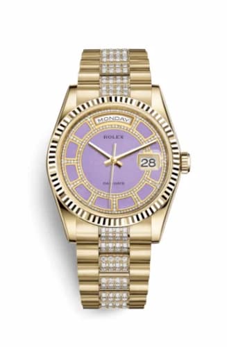 Rolex Day-Date 36 Yellow Gold Fluted / President Diamonds / Lavender Jade Carousel 118238-0441 — фото часов Rolex Day-Date 36 Yellow Gold Fluted / President Diamonds / Lavender Jade Carousel 118238-0441 — фото часов