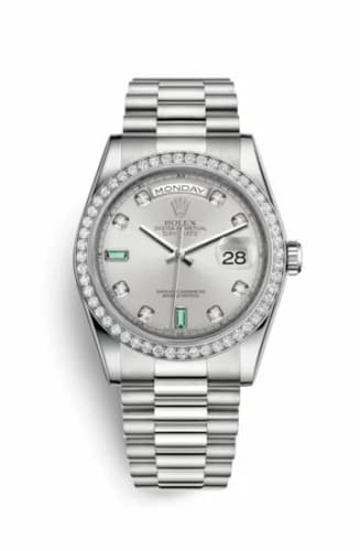 Rolex Day-Date 36 Platinum Diamonds / President / Silver Diamond Emerald 118346-0084 — фото часов Rolex Day-Date 36 Platinum Diamonds / President / Silver Diamond Emerald 118346-0084 — фото часов