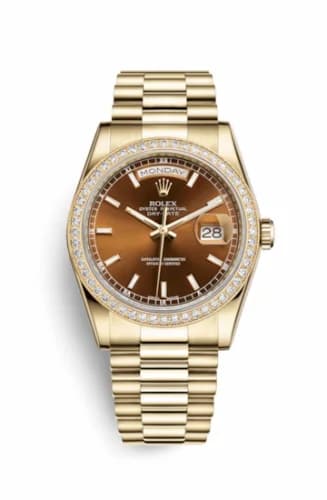 Rolex Day-Date 36 Yellow Gold Diamonds / President / Cognac 118348-0160 — фото часов Rolex Day-Date 36 Yellow Gold Diamonds / President / Cognac 118348-0160 — фото часов