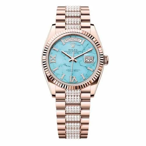 Rolex Day-Date 36 Everose Gold - Fluted / Turquoise / President - Diamond 128235-0065 — фото часов Rolex Day-Date 36 Everose Gold - Fluted / Turquoise / President - Diamond 128235-0065 — фото часов