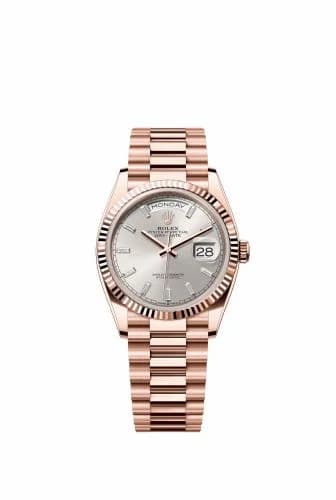 Rolex Day-Date 36 Everose Gold - Fluted / Silver - Baguette 128235-0087 — фото часов Rolex Day-Date 36 Everose Gold - Fluted / Silver - Baguette 128235-0087 — фото часов