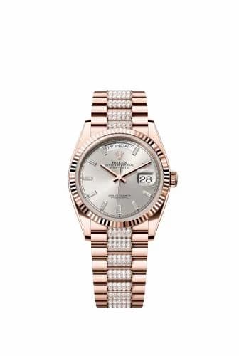 Rolex Day-Date 36 Everose Gold - Fluted / Silver - Baguette / President - Diamond 128235-0088 — фото часов Rolex Day-Date 36 Everose Gold - Fluted / Silver - Baguette / President - Diamond 128235-0088 — фото часов