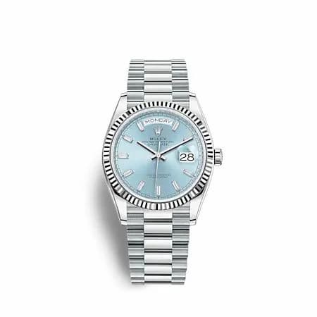 Rolex Day-Date 36 Platinum - Fluted / Ice Blue - Baguette / President 128236-0009 — фото часов Rolex Day-Date 36 Platinum - Fluted / Ice Blue - Baguette / President 128236-0009 — фото часов