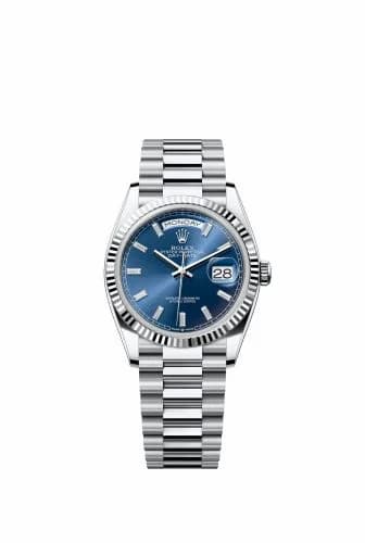 Rolex Day-Date 36 Platinum - Fluted / Bright Blue - Baguette / President 128236-0023 — фото часов Rolex Day-Date 36 Platinum - Fluted / Bright Blue - Baguette / President 128236-0023 — фото часов