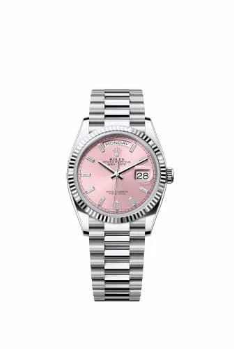 Rolex Day-Date 36 Platinum - Fluted / Pink - Baguette / President 128236-0024 — фото часов Rolex Day-Date 36 Platinum - Fluted / Pink - Baguette / President 128236-0024 — фото часов