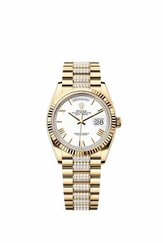 Rolex Day-Date 36 Yellow Gold / Fluted / White - Roman / President - Diamond 128238-0114 — фото часов Rolex Day-Date 36 Yellow Gold / Fluted / White - Roman / President - Diamond 128238-0114 — фото часов