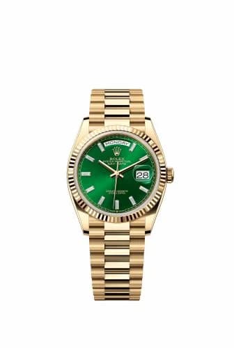 Rolex Day-Date 36 Yellow Gold / Fluted / Bright Green - Baguette / President 128238-0130 — фото часов Rolex Day-Date 36 Yellow Gold / Fluted / Bright Green - Baguette / President 128238-0130 — фото часов