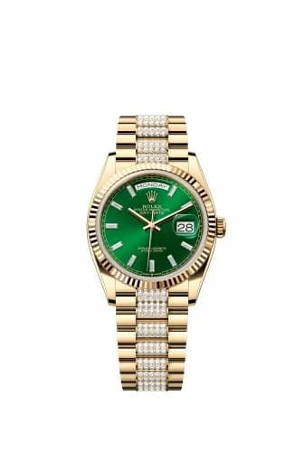 Rolex Day-Date 36 Yellow Gold - Fluted / Bright Green - Baguette / President - Diamond 128238-0131 — фото часов Rolex Day-Date 36 Yellow Gold - Fluted / Bright Green - Baguette / President - Diamond 128238-0131 — фото часов