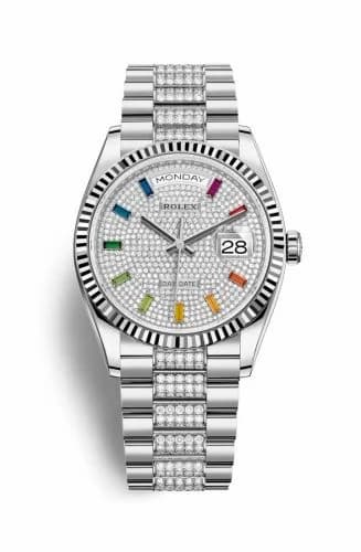 Rolex Day-Date 36 White Gold / Fluted / Paved-Rainbow / President-Diamond 128239-0027 — фото часов Rolex Day-Date 36 White Gold / Fluted / Paved-Rainbow / President-Diamond 128239-0027 — фото часов