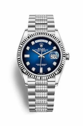 Rolex Day-Date 36 White Gold / Fluted / Blue Ombré-Diamond / President-Diamond 128239-0029 — фото часов Rolex Day-Date 36 White Gold / Fluted / Blue Ombré-Diamond / President-Diamond 128239-0029 — фото часов