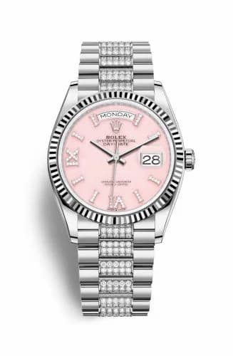 Rolex Day-Date 36 White Gold / Fluted / Opal-Diamond / President-Diamond 128239-0030 — фото часов Rolex Day-Date 36 White Gold / Fluted / Opal-Diamond / President-Diamond 128239-0030 — фото часов
