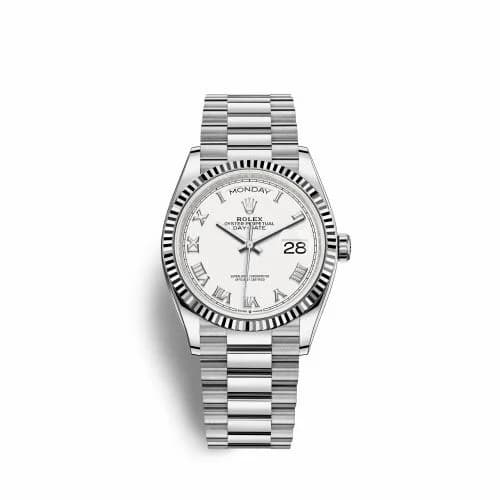 Rolex Day-Date 36 White Gold Fluted / White - Roman / President 128239-0038 — фото часов Rolex Day-Date 36 White Gold Fluted / White - Roman / President 128239-0038 — фото часов