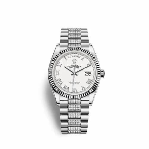 Rolex Day-Date 36 White Gold Fluted / White - Roman / President - Diamond 128239-0039 — фото часов Rolex Day-Date 36 White Gold Fluted / White - Roman / President - Diamond 128239-0039 — фото часов
