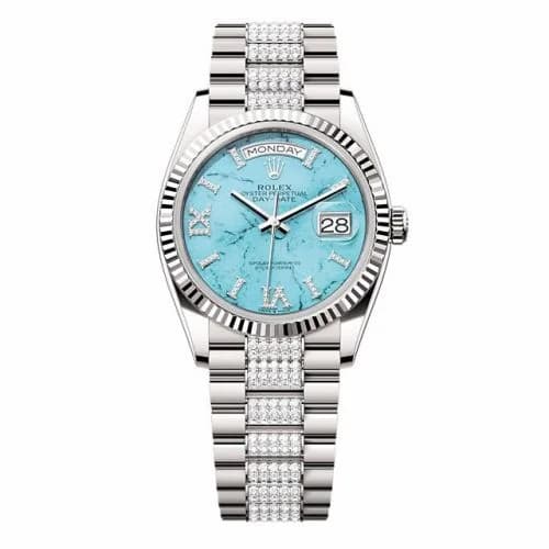 Rolex Day-Date 36 White Gold - Fluted / Turquoise / President - Diamond 128239-0045 — фото часов Rolex Day-Date 36 White Gold - Fluted / Turquoise / President - Diamond 128239-0045 — фото часов
