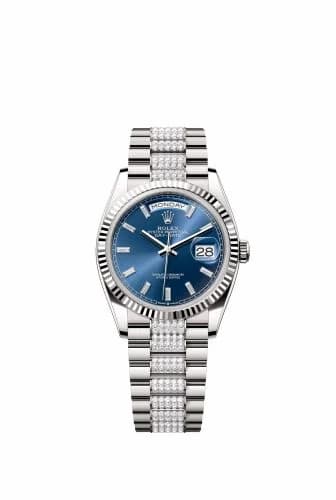 Rolex Day-Date 36 White Gold - Fluted / Bright Blue - Baguette / President - Diamond 128239-0070 — фото часов Rolex Day-Date 36 White Gold - Fluted / Bright Blue - Baguette / President - Diamond 128239-0070 — фото часов