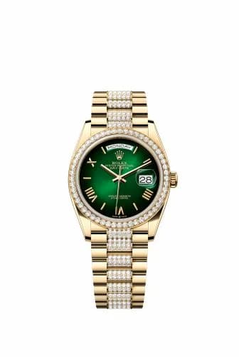 Rolex Day-Date 36 Yellow Gold Diamond / Green - Ombré / President - Diamond 128348RBR-0069 — фото часов Rolex Day-Date 36 Yellow Gold Diamond / Green - Ombré / President - Diamond 128348RBR-0069 — фото часов