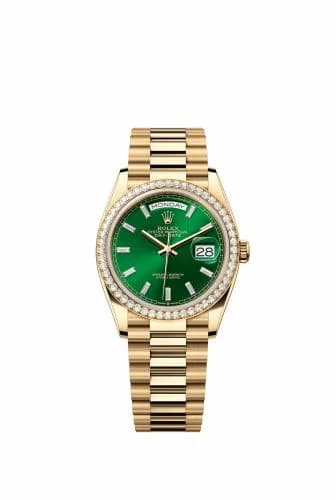 Rolex Day-Date 36 Yellow Gold - Diamond / Bright Green - Baguette / President 128348RBR-0078 — фото часов Rolex Day-Date 36 Yellow Gold - Diamond / Bright Green - Baguette / President 128348RBR-0078 — фото часов