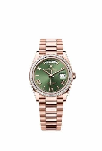 Rolex Day-Date 36 Everose Gold - Baguette / Green - Roman / President 128395TBR-0033