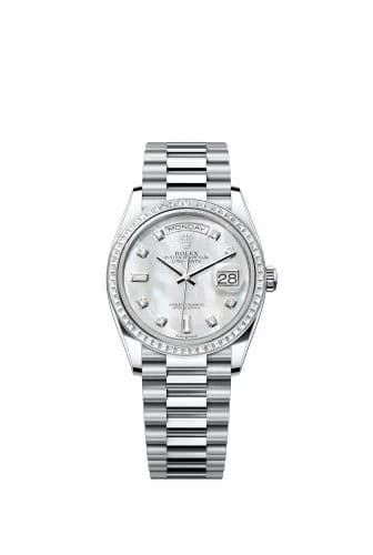 Rolex Day-Date 36 Platinum - Baguette / MOP / President 128396TBR-0005 — фото часов Rolex Day-Date 36 Platinum - Baguette / MOP / President 128396TBR-0005 — фото часов
