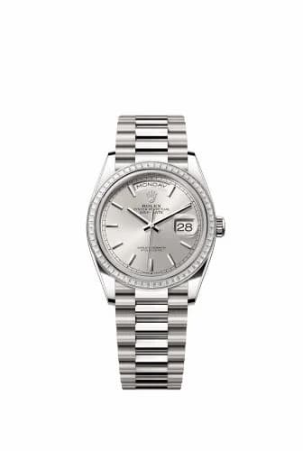 Rolex Day-Date 36 White Gold - Baguette / Silver / President 128399TBR-0001 — фото часов Rolex Day-Date 36 White Gold - Baguette / Silver / President 128399TBR-0001 — фото часов