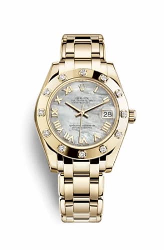 Rolex Datejust Pearlmaster 34 Yellow Gold 12 Diamond Mother of Pearl Roman 81318-0005
